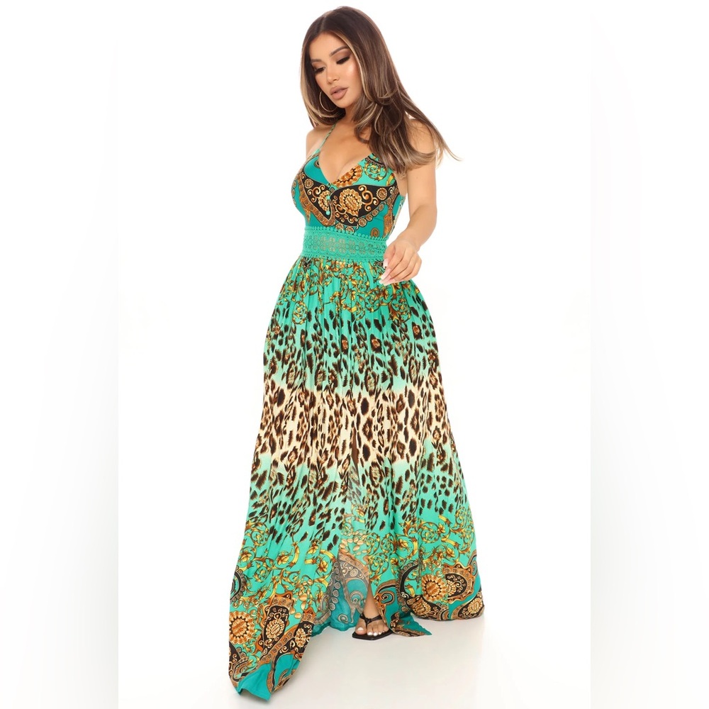 NWT Fashion Nova Holy Slit Spaghetti Strap Maxi Green Mixed Print Dress, size M - Picture 3 of 16